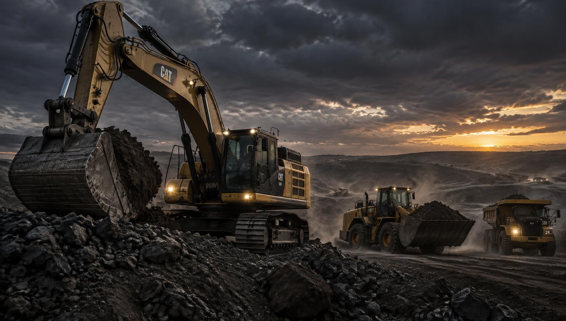 Excavator, wheel loader and dump truck working on an earthwork site at dusk